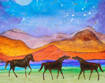 Wild Mountain Horses Art Print, Moonlit Mountain Landscape with Horses Painting