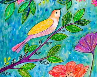 Tropische vogel Art Print, Vogel met tropische bloemen Art Print, Schilderij van vogel en bloemen, Botanische Art Print