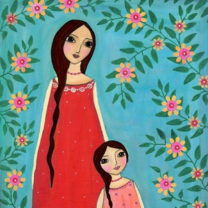 アートプリント、茶色の髪の母と子の絵画