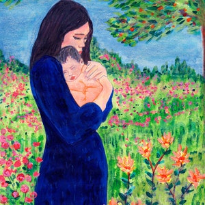 母親と赤ちゃんの絵画、母親と赤ちゃんのアートプリント、新生児と母親の絵画、母親と子供の絵画、新生児と母親の絵画