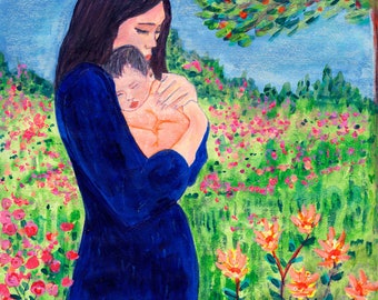 Mother and Baby Painting, Mother and Baby Art Print, New Baby and Mother Painting, Mother and Child Painting, Newborn and Mother Painting