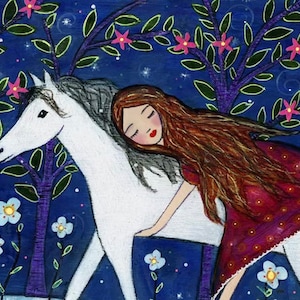 Horse Art Print, Girl and Horse Painting, Horse Illustration, Mixed Media Girl and Horse Painting for Children Decor image 2