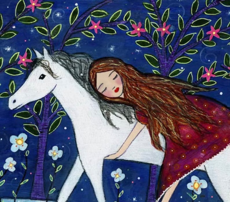 Horse Art Print, Girl and Horse Painting, Horse Illustration, Mixed Media Girl and Horse Painting for Children Decor image 2