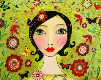 Portrait Art Print, Large Poster Print, Mixed Media Portrait of Girl with Butterflies and Flowers