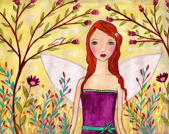 Fantasy Fairy Painting, Fairy Art Print, Fairy Mixed Media Painting, Redhead Fairy Painting