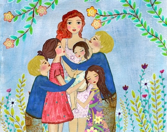 Mother Art Print, Mother and 5 Children Art Print Mother with Son and Daughters Art Print