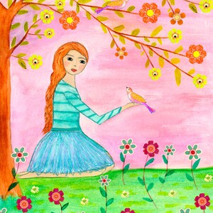 Girl Nursery Decor - Children Decor - Nursery Art Girl with Birds Art Print - Girl Painting - Girl Art - Princess Art Print