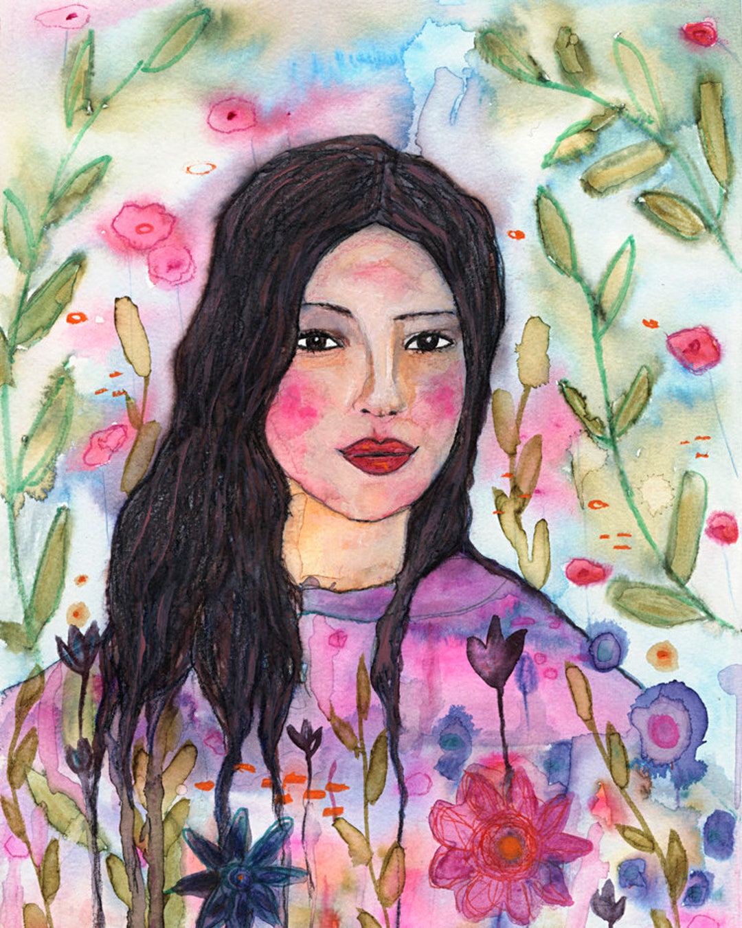 Mixed Media Portrait, Portrait Bohemian Girl With Flowers Art Print ...