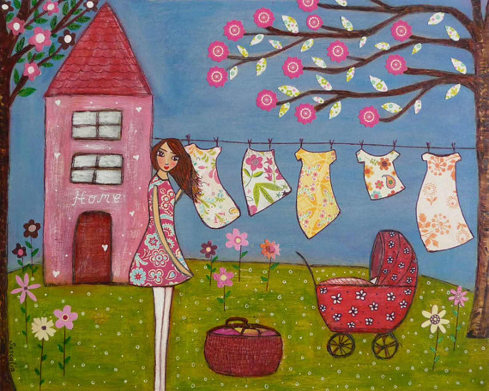 Folk Art Laundry Day Painting Art Print by Sascalia Etsy