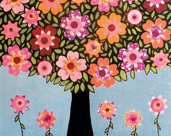 Pink Flower Tree Painting Art Print, Mixed Media Collage Tree Painting