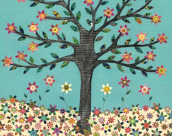 Flower Tree Landscape Painting, Mixed Media Collage Painting by Sascalia