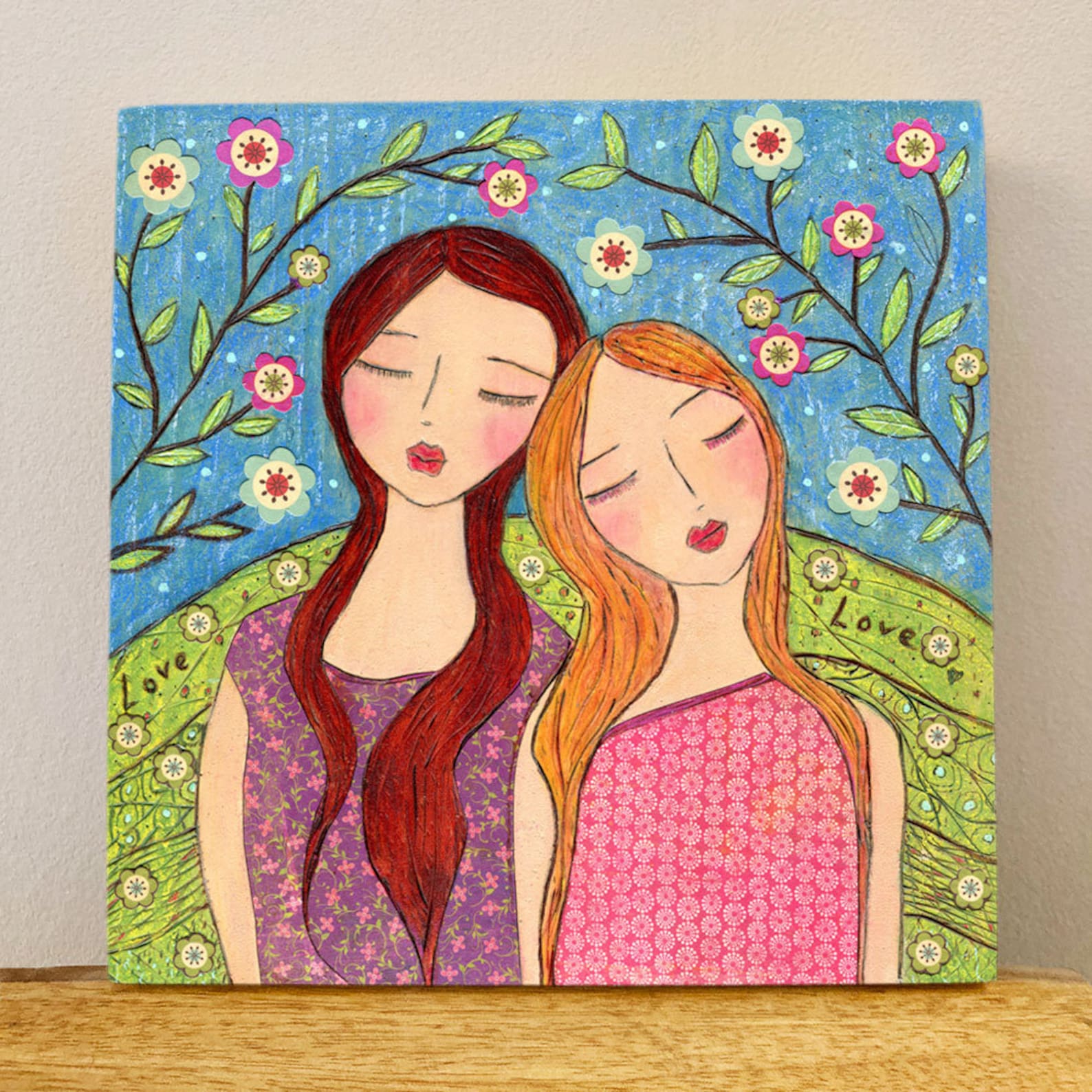 Friendship Sister Painting Sister Art Print on Wood Folk Art Etsy