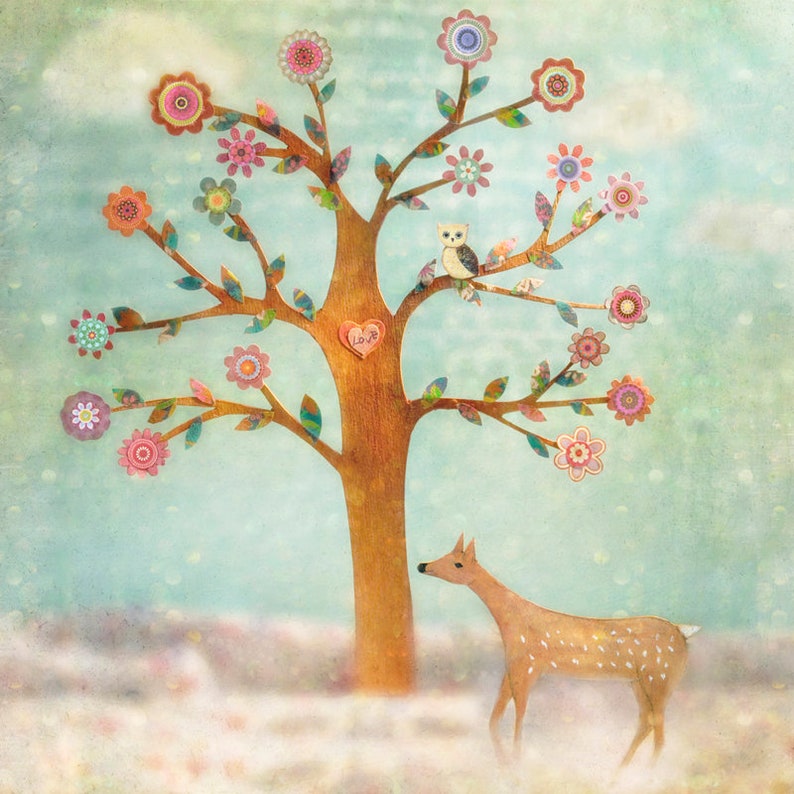 Fawn and Owl Art Print, Large Art Print, Nursery Decor, Nursery Art