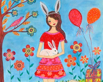 Rabbit Girl Art Print, Large Poster Print, Nursery Decor