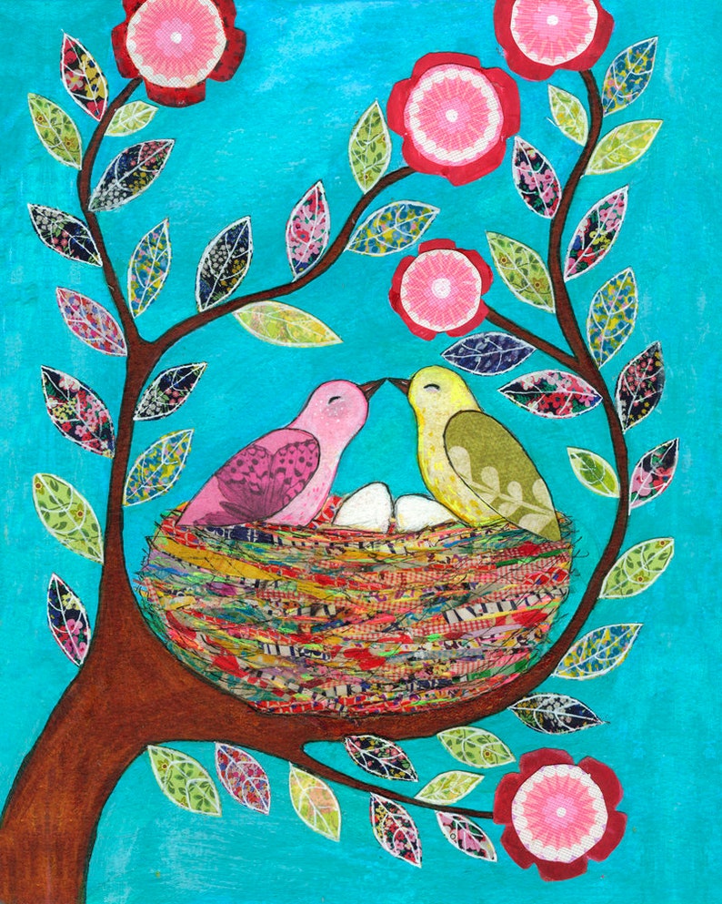 Love Nest Collage Bird Art Print Mixed Media Large Poster ...