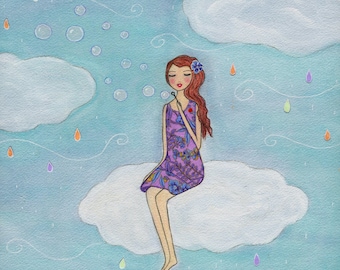 Nursery Art, Girls Nursery Decor, Kids Wall Art Decor, Girl Blowing Bubbles On a Cloud Art Print, Art for Childrens Bedrooms