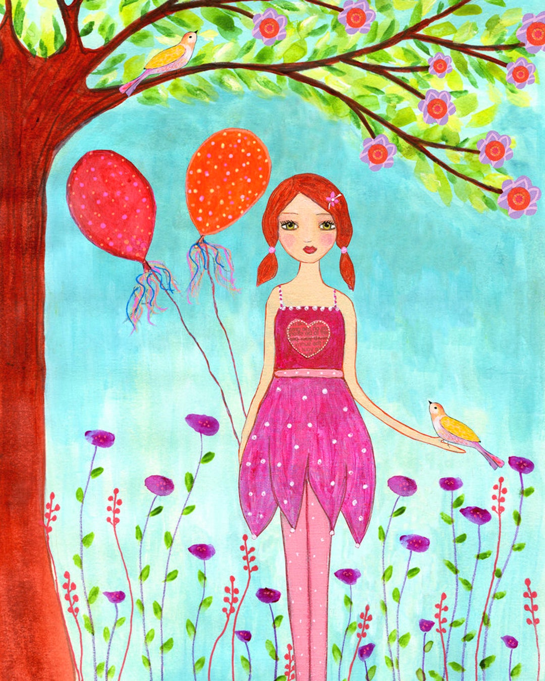 Childrens Art Print, Nursery Art, Girl With Balloons Nursery Decor