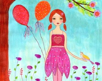 Childrens Art Print, Nursery Art, Girl with Balloons Nursery Decor, Kids room decor, Children's Wall Art, Kids Wall Art