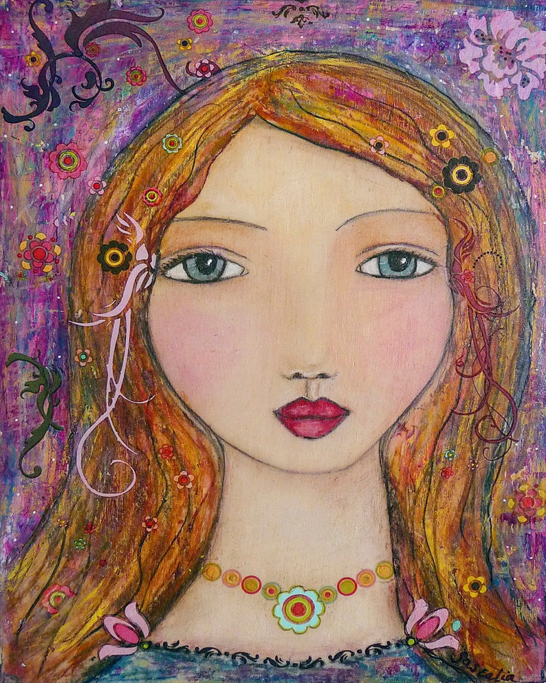 Mixed Media Girl Portrait Art Print, Large Poster Print image 1