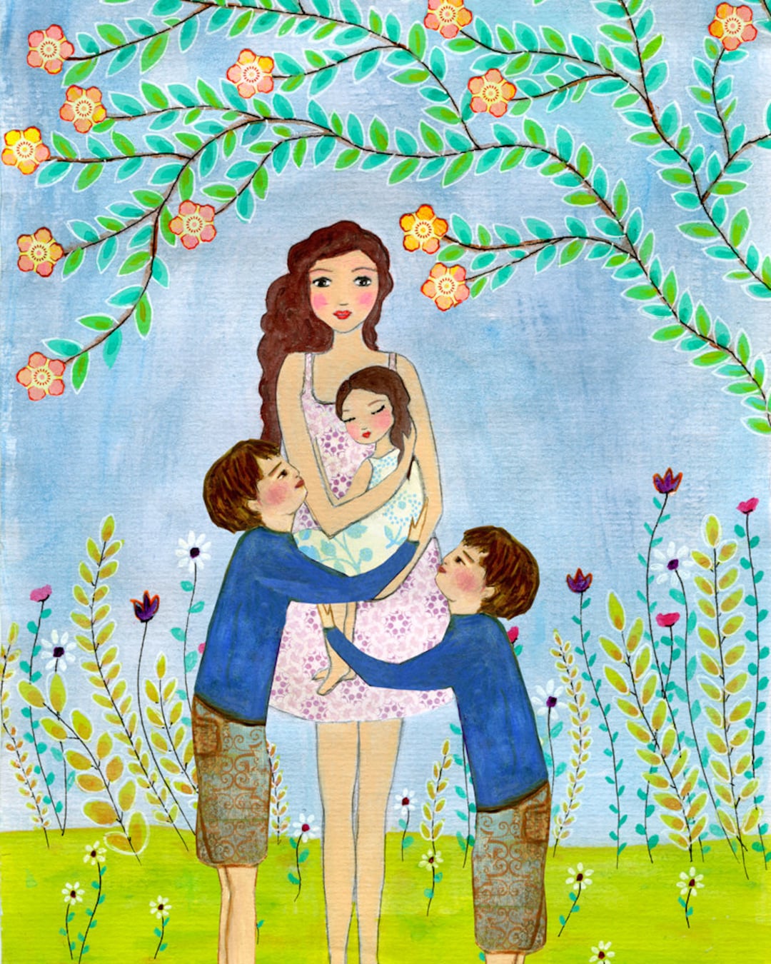 Mother Art Mother With Sons and Baby Daughter Painting Motherhood Art Print Mother and Child