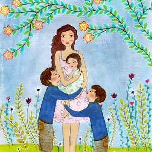 母親のアート 息子と赤ん坊の娘を持つ母親の絵画 母性アートプリント 母と子の絵画 保育園の壁アート