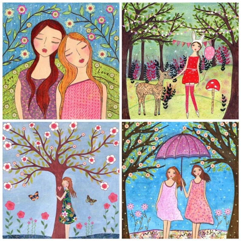 Whimsical Art Mixed Media Girls Painting Friendship Nature and Etsy