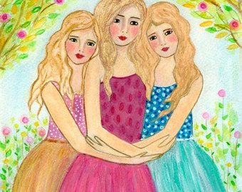 Three Blonde Sisters Art Print - Three Blonde Best Friends Art - Best Friend Sister Gift