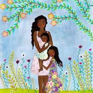母と子の絵画、母と娘の息子の絵画、黒人アフリカ系アメリカ人の母親と黒い肌の母と子の家族の壁アートプリント