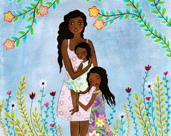 Mother and Child Painting, Mother Daughter Son Painting, Black African American Mother Dark Skin Mother and Child Family Wall Art Print
