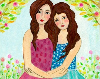 Sisters Art Print  - Best Friends - Two Brunette Sisters Brown Hair Sisters Best friends - Best Friend Sister Gift