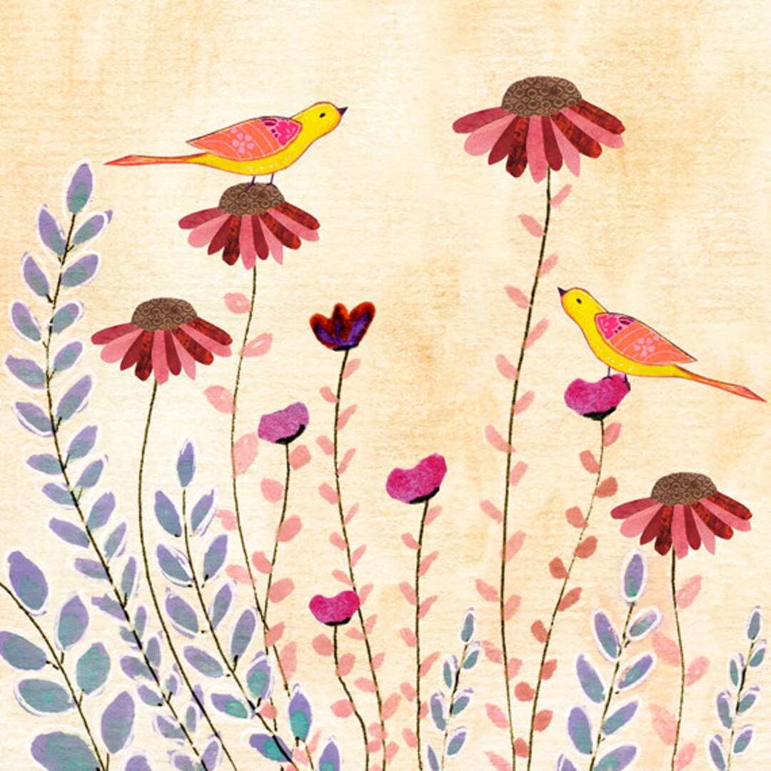Bird and Flower Collage Painting, Mixed Media Art Large Poster Print ...