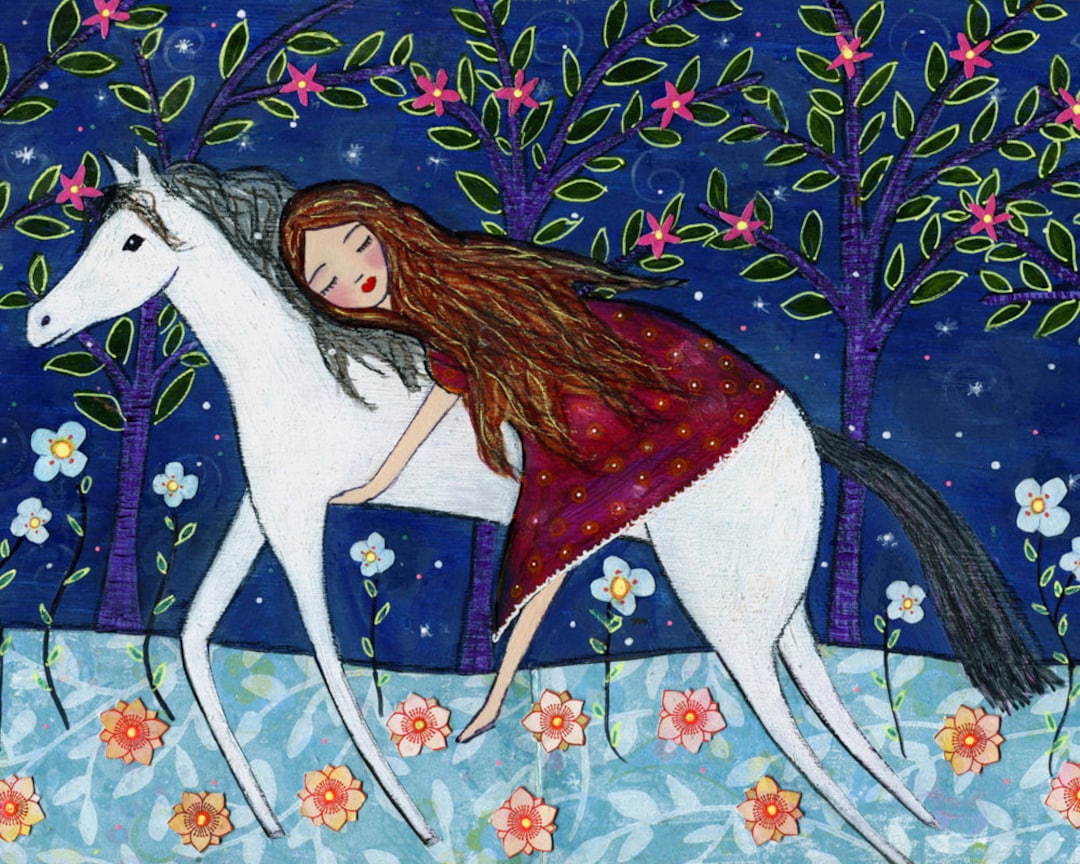 Horse Art Print, Girl and Horse Painting, Horse Illustration, Mixed ...