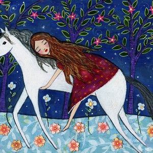 Horse Art Print, Girl and Horse Painting, Horse Illustration, Mixed Media Girl and Horse Painting for Children Decor