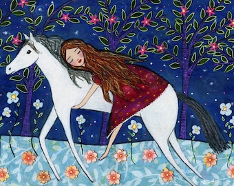 Horse Art Print, Girl and Horse Painting, Horse Illustration, Mixed Media Girl and Horse Painting for Children Decor