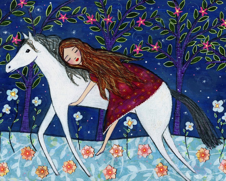 Horse Art Print, Girl and Horse Painting, Horse Illustration, Mixed Media Girl and Horse Painting for Children Decor image 1