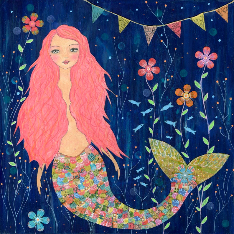 Mermaid Art Print, Mermaid Painting, Mermaid Nursery Decor, Mermaid Themed Nursery, Ocean Mermaid Illustration, Children Decor image 1