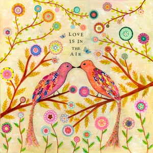 Bird Art Print, Botanical Bird Poster Print, Bird Painting, Love Birds Collage Painting, Botanical Bird Folk Art Print