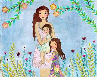 Pintura personalizada de madre y dos hijas, impresión de arte de retrato personalizado, impresión de arte de pared de guardería, regalo personalizado de madre e hijo