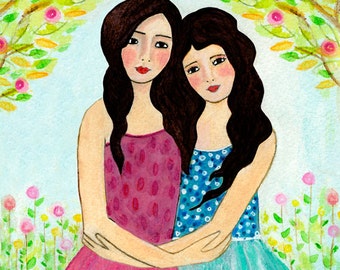 Sisters Art Print  - Best Friends - Two Black Hair Sisters Black Hair Best friends - Best Friend Sister Gift