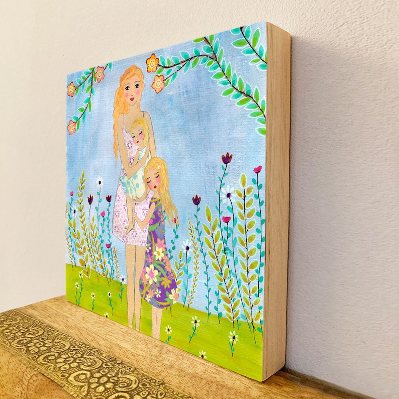Blonde mother and two daughters painting, Motherhood Art, Wooden