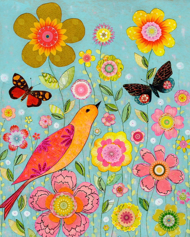 Flower Collage Painting Mixed Media Bird and Flower Collage Etsy