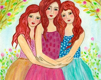 Red Heads Sisters Customisable Personalised 3 Sisters Best Friends Painting, Three Sisters Art Print - Three - Best Friend Sister Gift