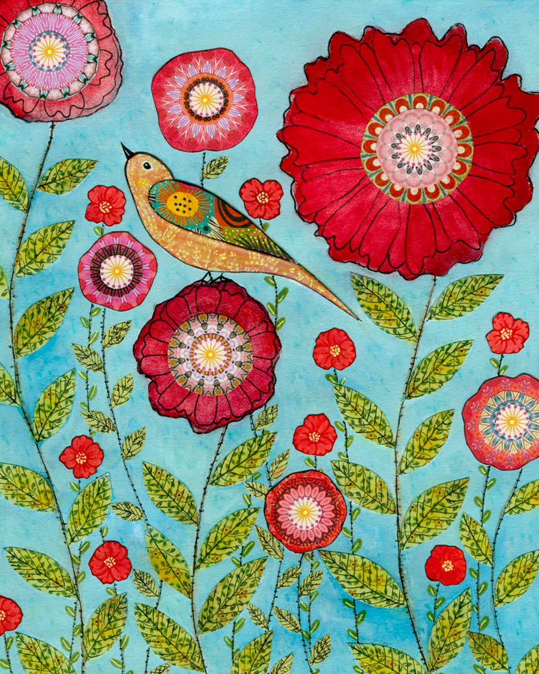 Flower Art Flower Art Print Red Flower and Bird Collage Painting, Mixed