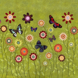 Bohemian Butterflies Collage Painting, Mixed Media Butterfly and Flower Collage Painting Art Print