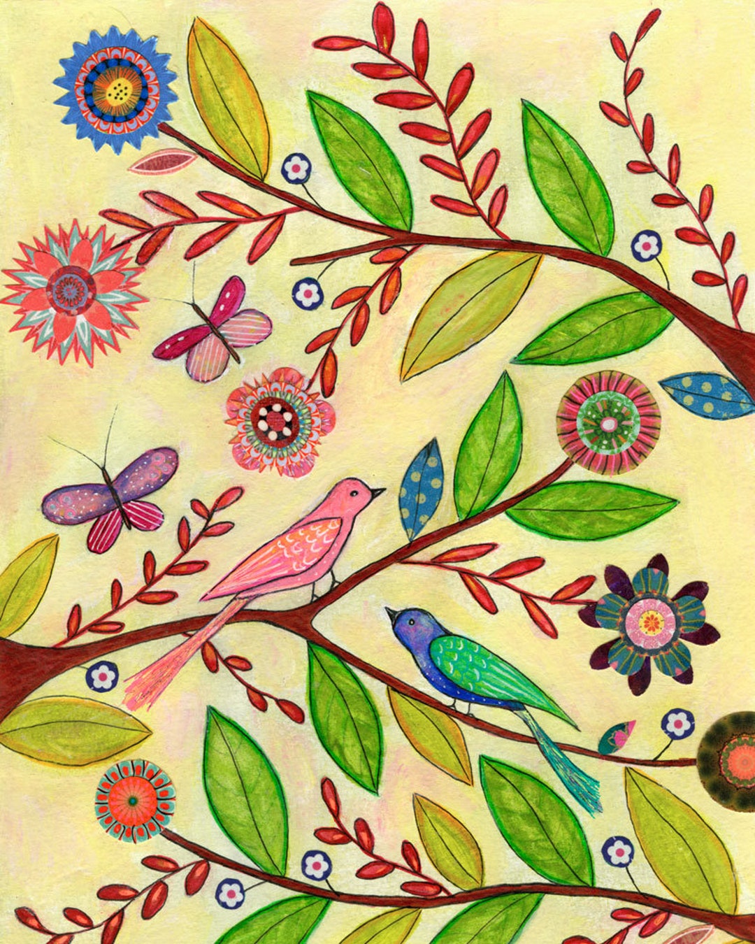 Flower and Bird Painting Mixed Media Art Print for Home Decor Etsy