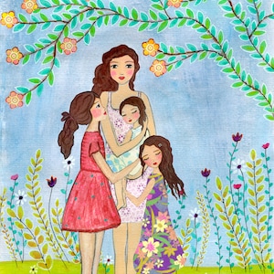 Mother Daughter Painting, Mother and Three Daughters Painting Art Print, Nursery Wall Art, Mother and Daughters Painting, Gift for Mother's