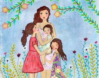 Mother Daughter Painting, Mother and Three Daughters Painting Art Print, Nursery Wall Art, Mother and Daughters Painting, Gift for Mother's