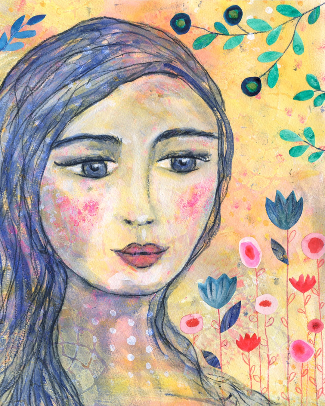 Portrait Painting Mixed Media Girl Woman Portrait Art Print Etsy