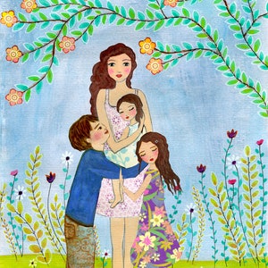 母親のアート 息子と娘たちと母親の絵画 母性アートプリント 母と子の絵画 保育園の壁アート