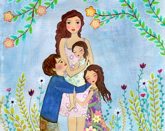 Mother Art Mother with Son and Daughters Painting Motherhood Art Print Mother and Child Painting Nursery Wall Art